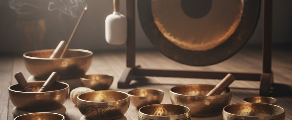 Gong and singing bowls on a mat