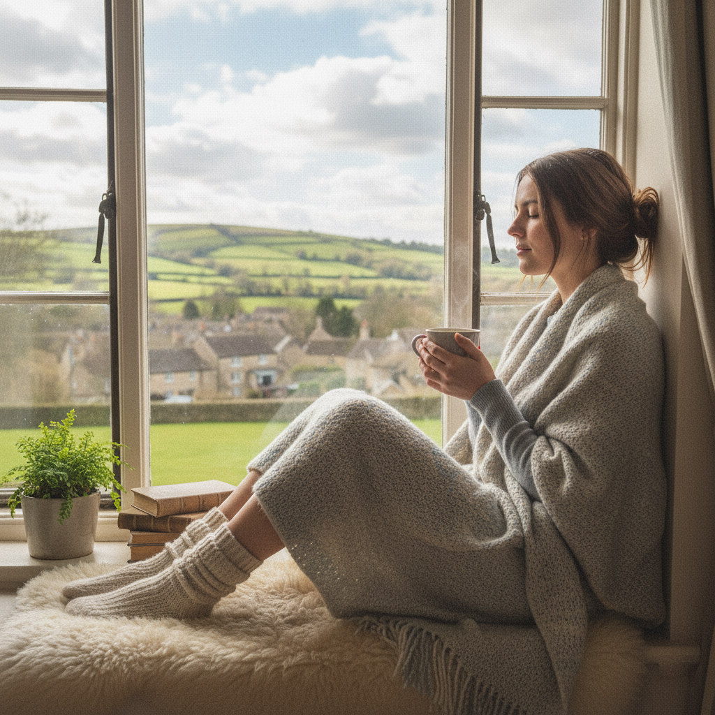 Person feeling calm and restored in a peaceful home environment