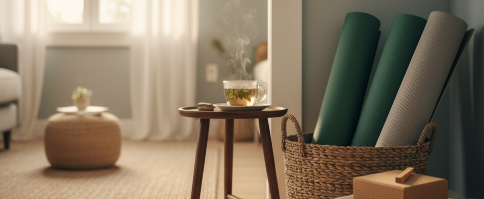 Yoga gear and mats neatly stacked